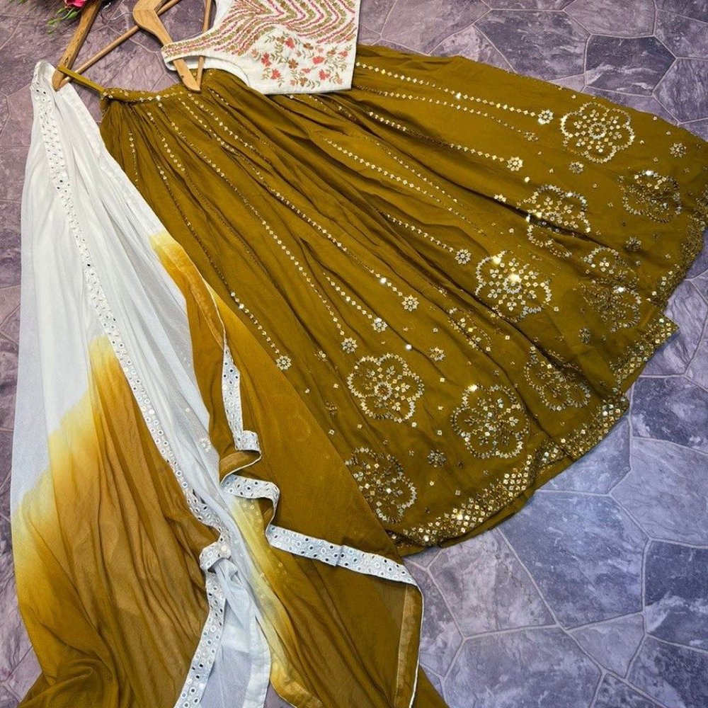 BEAUTIFUL READY TO WEAR FULL STITCH GWEORGETTE SEQUENCE EMBROIDERY WORK LEHENGHA - Picture 7 of 7